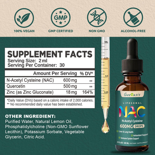 Close-up of NAC liquid dropper showing 600 mg per serving