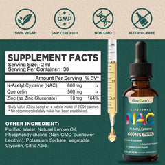 Close-up of NAC liquid dropper showing 600 mg per serving