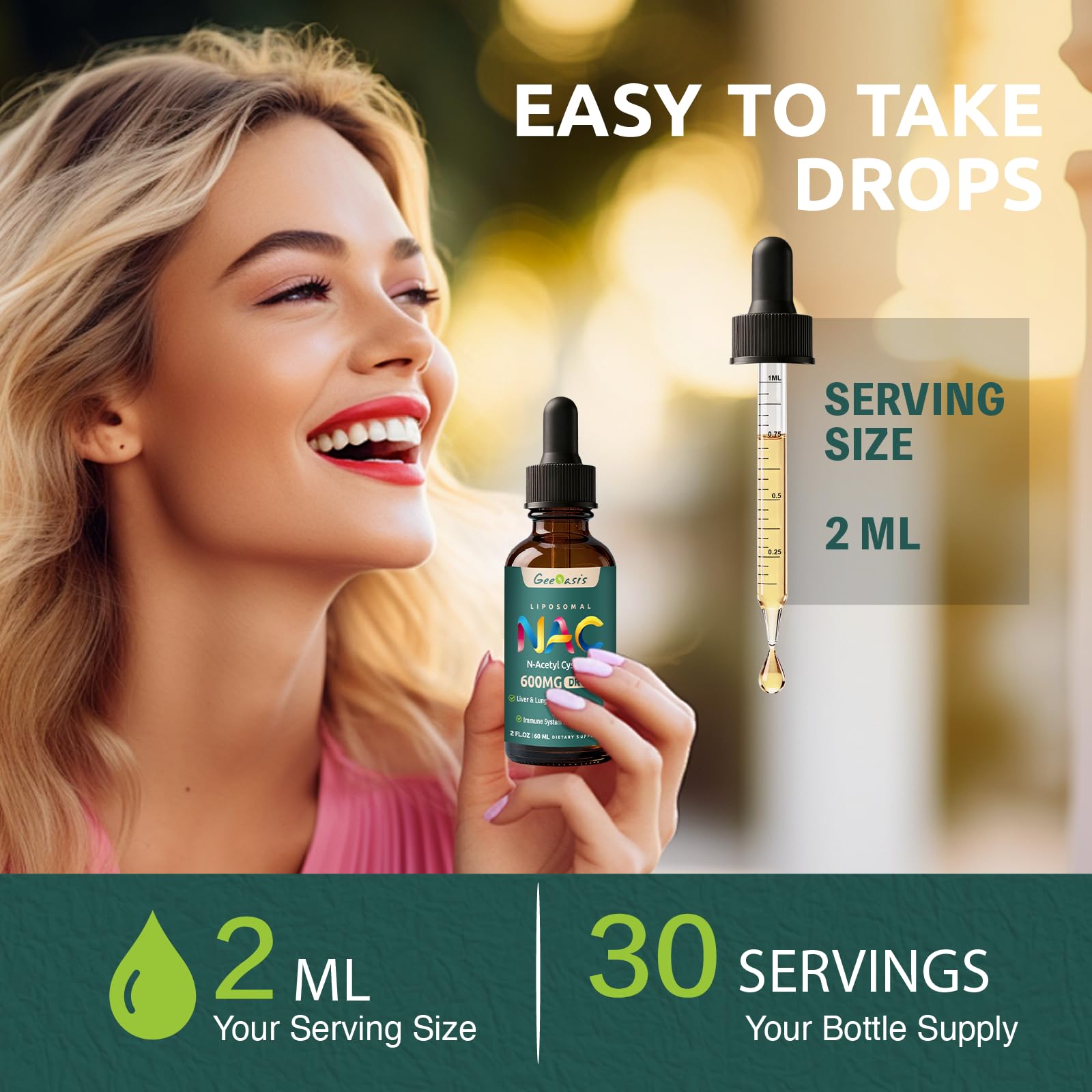 Easy dosage and serving suggestions for Geeoasis NAC drops