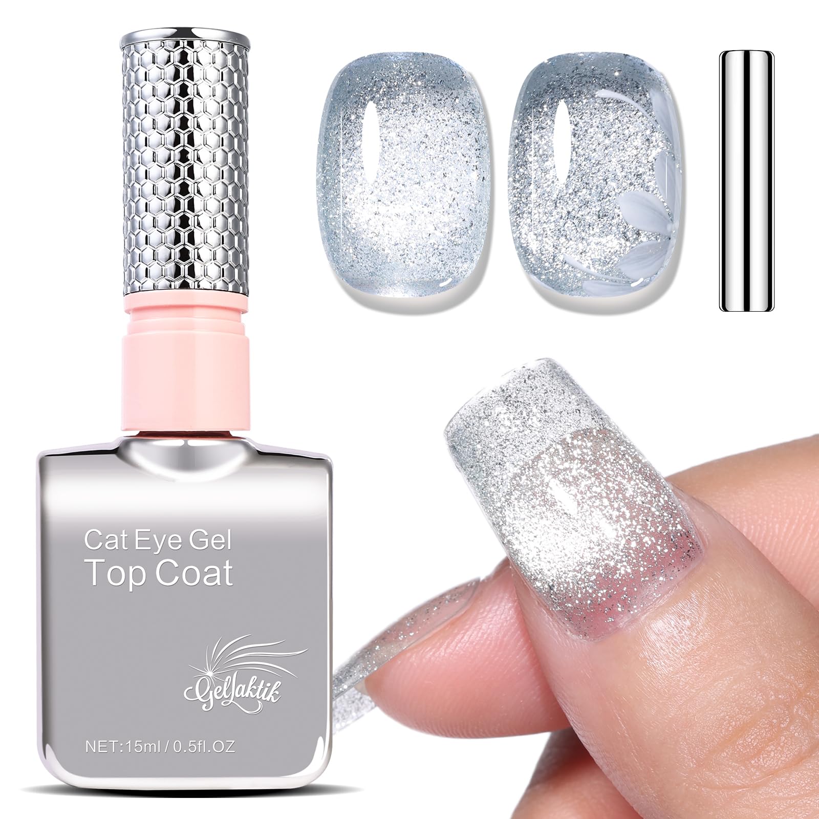 GELLAKTIK 5-in-1 cat eye polish bottle with magnetic design for at-home manicures.