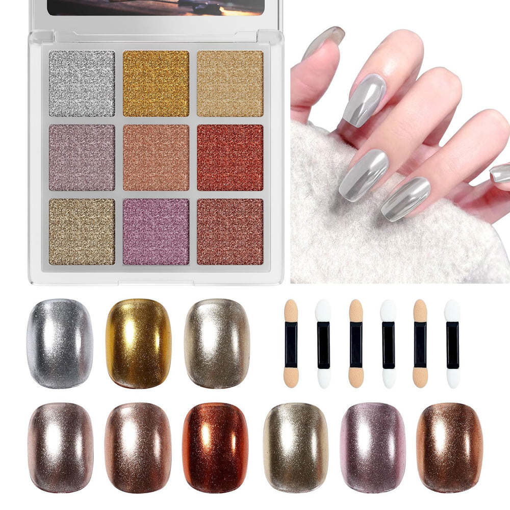 GELLAKTIK 9-color chrome nail powder palette with vibrant mirror finishes for salon-quality art.