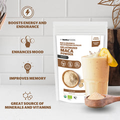 Gelatinized maca powder highlighting energy and endurance benefits