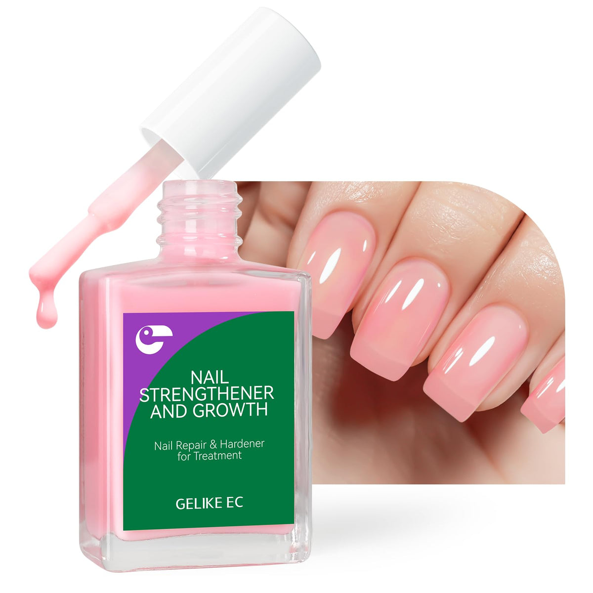 Gelike EC Nail Repair Pink Bottle with glossy finish for rapid nail strengthening