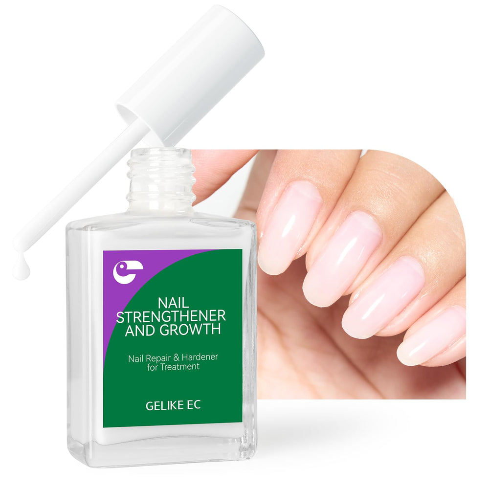Gelike EC Nail Repair Strengthener bottle closeup with milky white formula for strong nails.