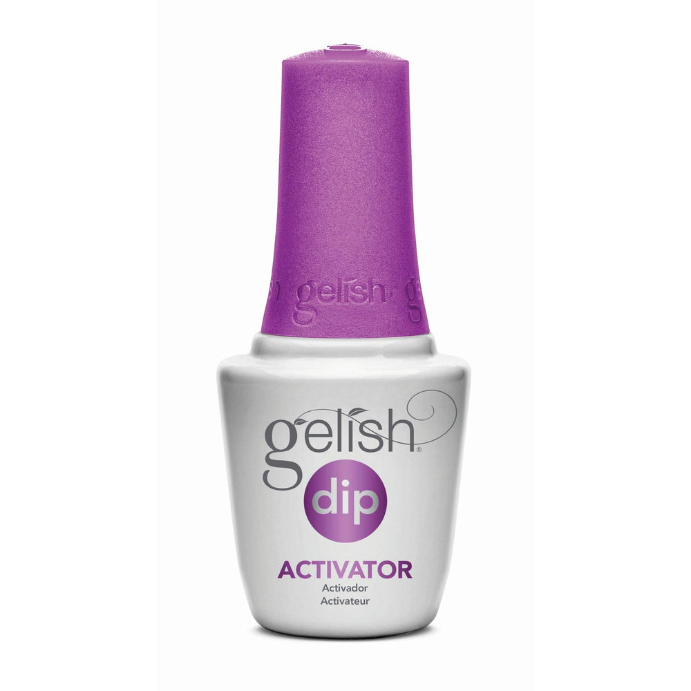 Gelish Dip Activator bottle for fast curing without heat, preserving nail enhancements and color.