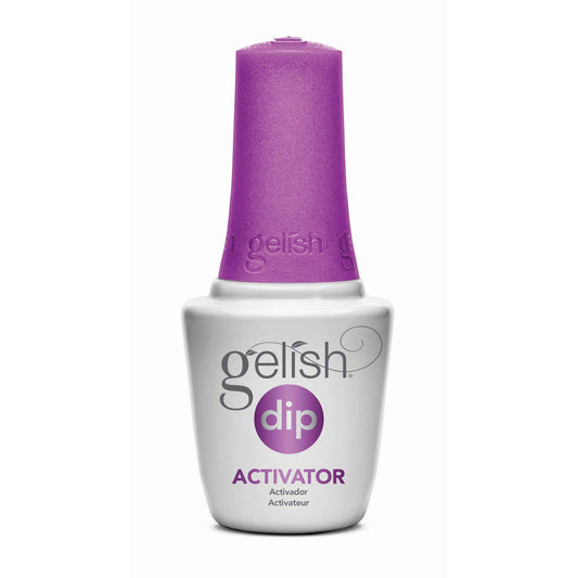 Gelish Dip Activator bottle for fast curing without heat, preserving nail enhancements and color.