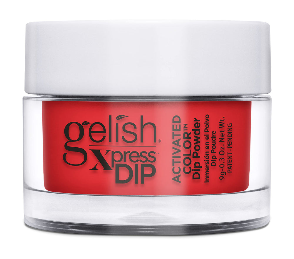 Gelish Xpress Tiger Blossom orange nail dip powder bottle close-up for vibrant color.