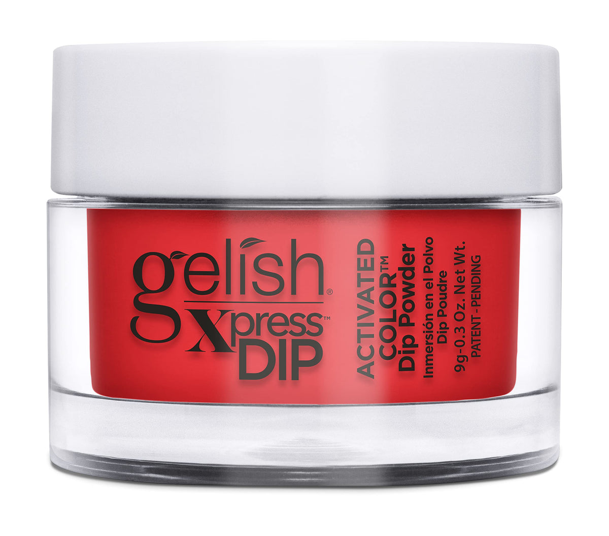 Gelish Xpress Tiger Blossom orange nail dip powder bottle close-up for vibrant color.
