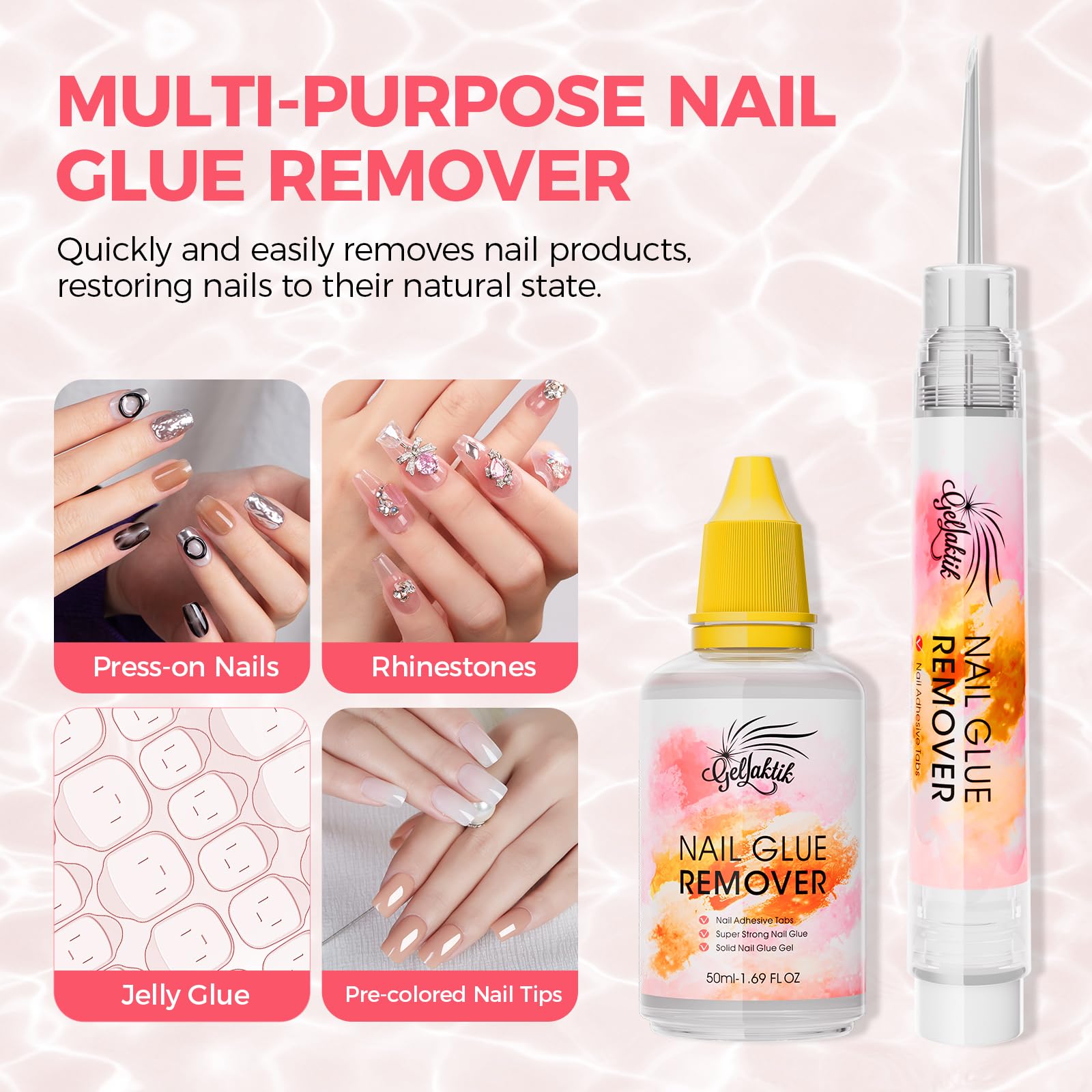 GELLAKTIK bottle close-up shows acetone-free formula.