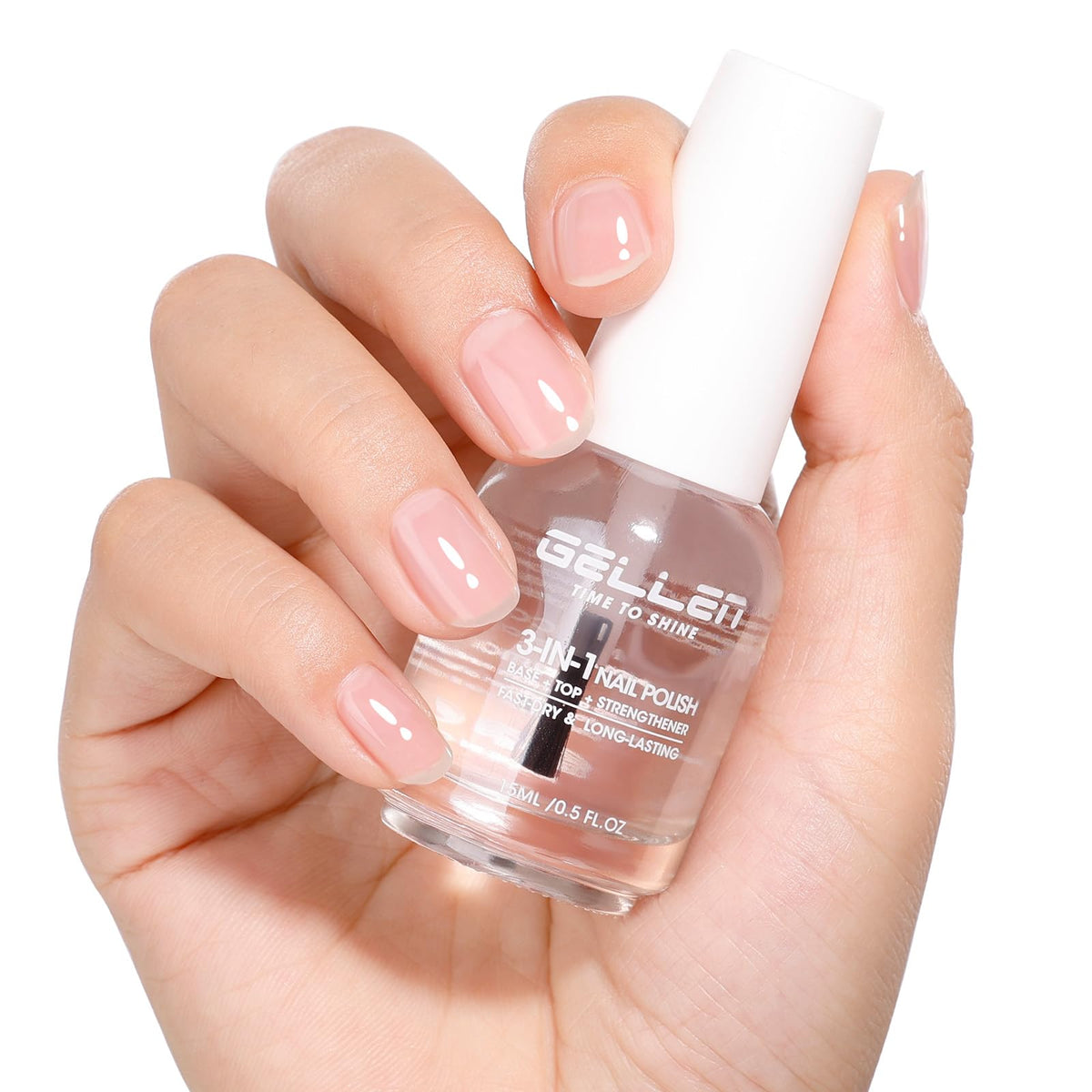 GELLEN 3-In-1 bottle close-up showing base coat benefits for stronger nails.