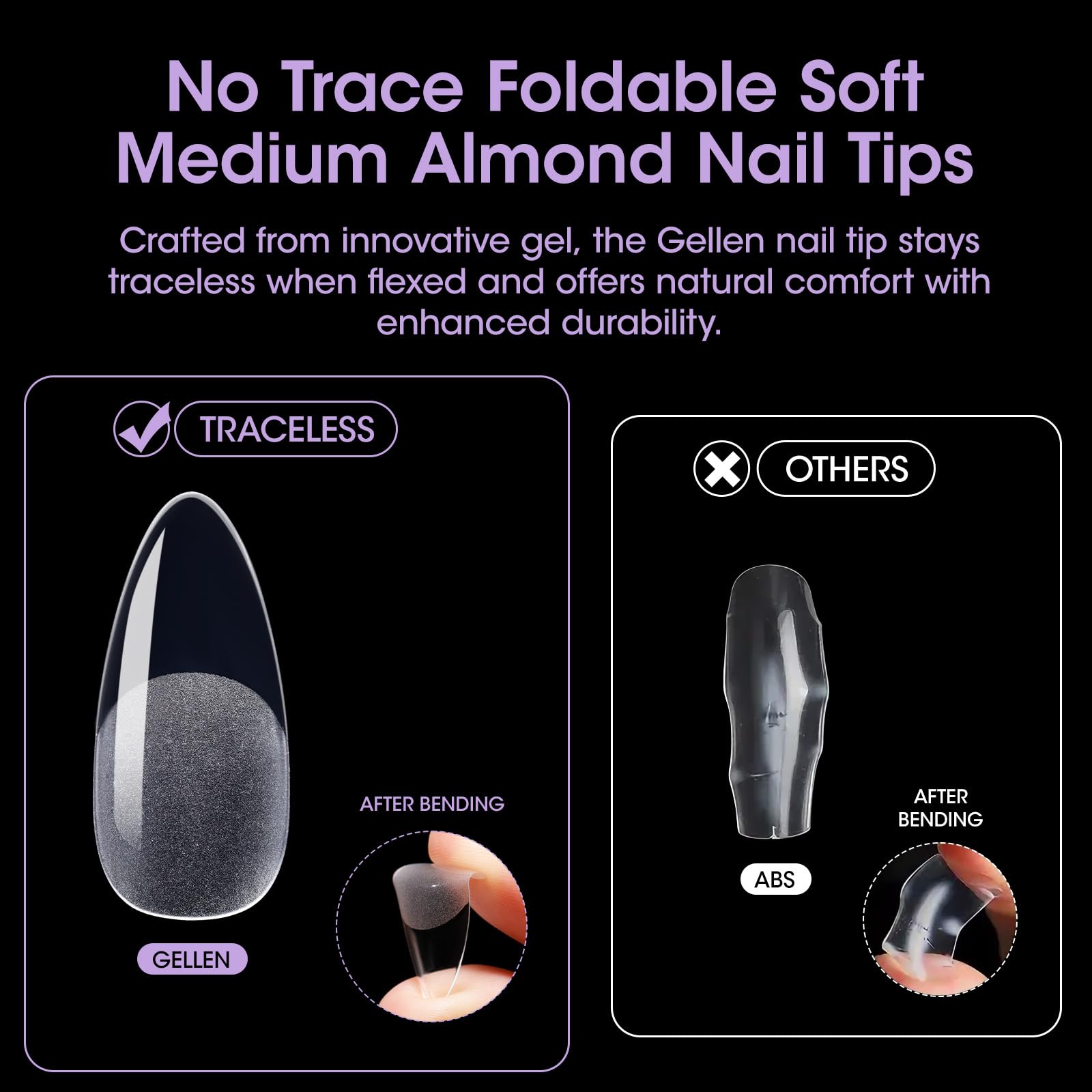 GELLEN almond tips feature reinforced front edge and thinner back edge for durability.