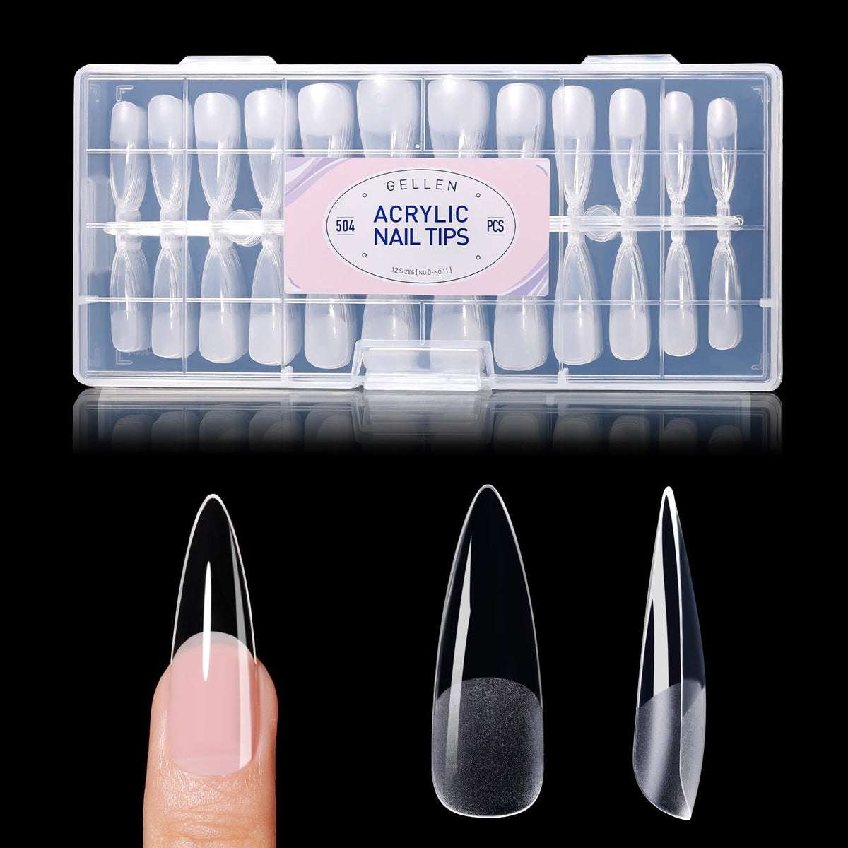GELLEN 504pcs stiletto tips with semi-matte interior for secure adhesion.