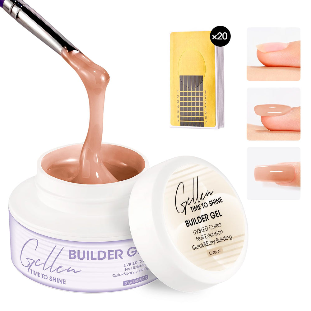 Gellen builder gel nails extensions in nude shade for strong, lightweight length.