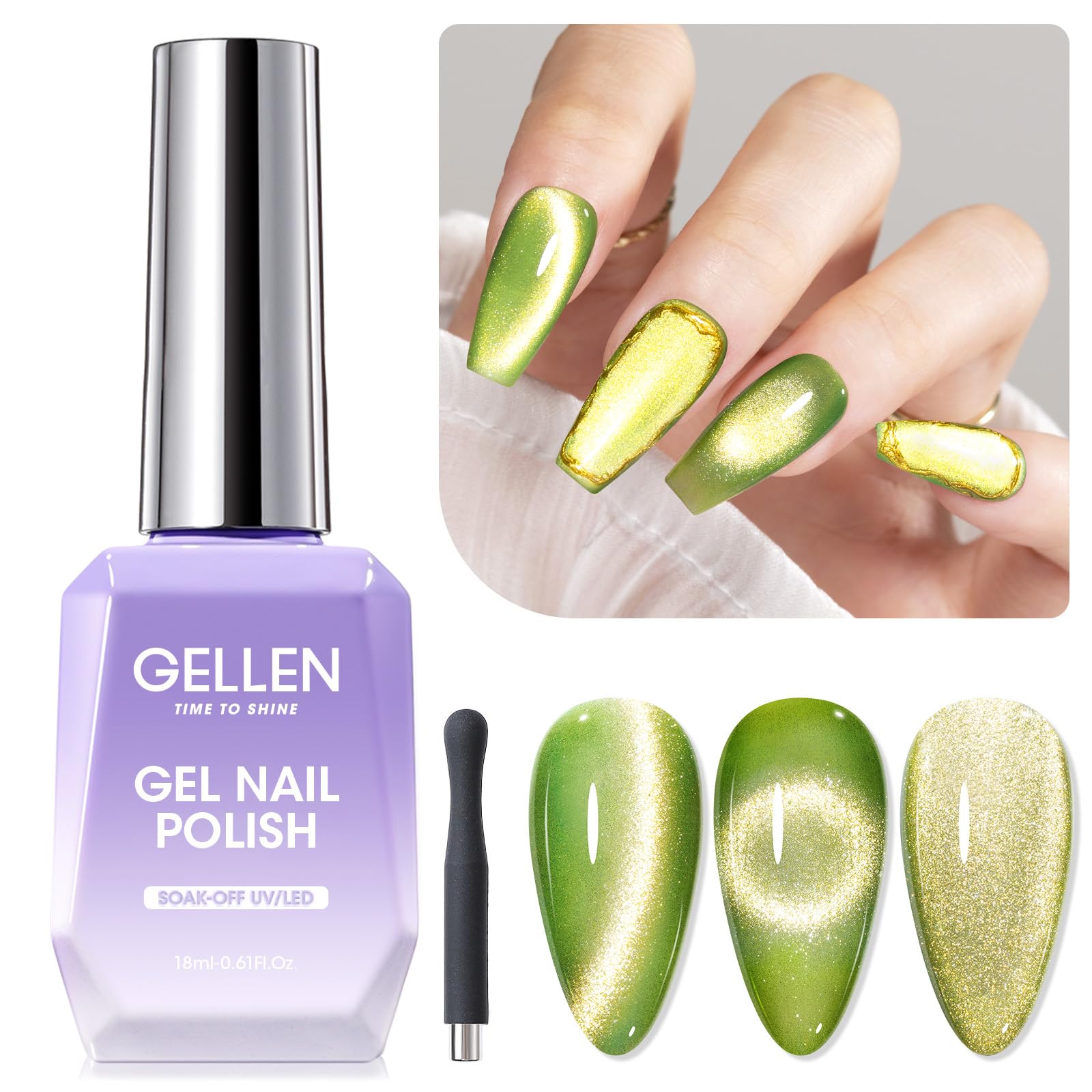 GELLEN Cat Eye Polish Green bottle with magnet stick for magnetic nail effects.