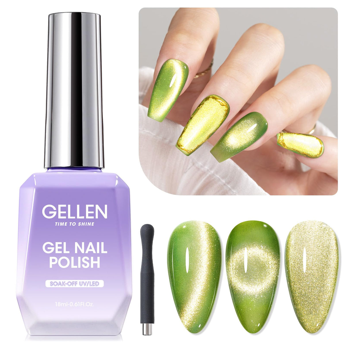 GELLEN Cat Eye Polish Green bottle with magnet stick for magnetic nail effects.