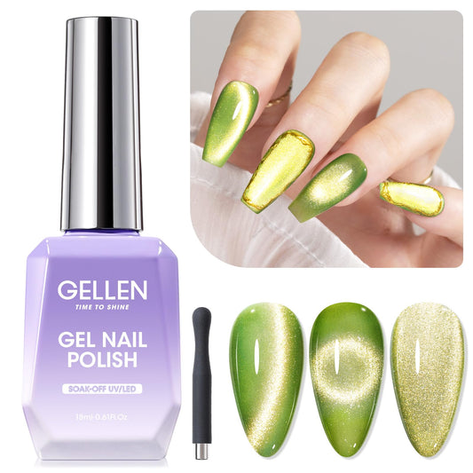 GELLEN Cat Eye Polish Green bottle with magnet stick for magnetic nail effects.