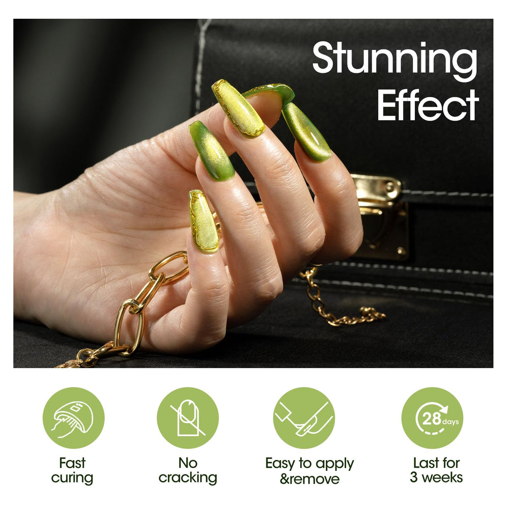 Swatch on nail shows customizable cat-eye patterns with magnet.