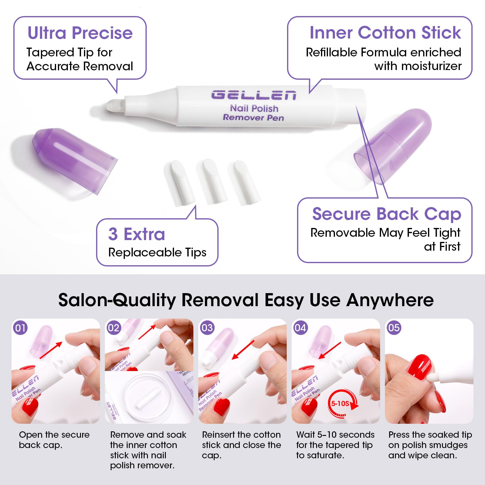 GELLEN remover with aloe and vitamin E, illustrating nourishing nail care.