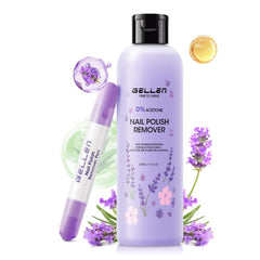 GELLEN lavender nail polish remover bottle on display, highlighting a gentle, non-drying formula.