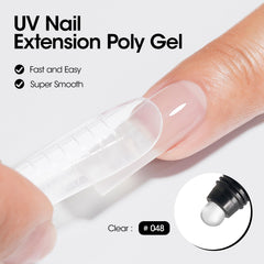 Gellen poly gel smooth brush application for beginner-friendly nail shaping.