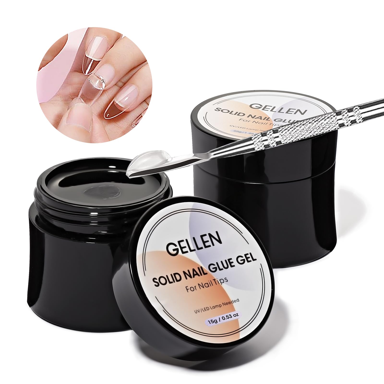 Gellen solid nail glue bottle closeup showing clear formula for reliable adhesion