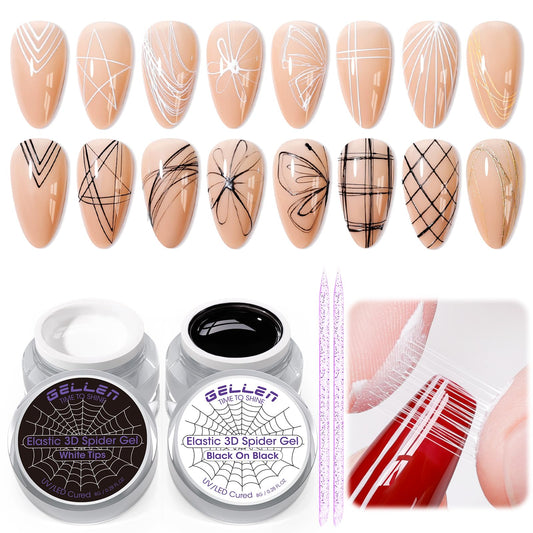 GELLEN Spider Gel nails set with black and white lines for bold nail art.