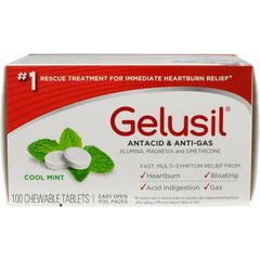 Gelusil cool mint tablets in packaging may provide fast heartburn relief.