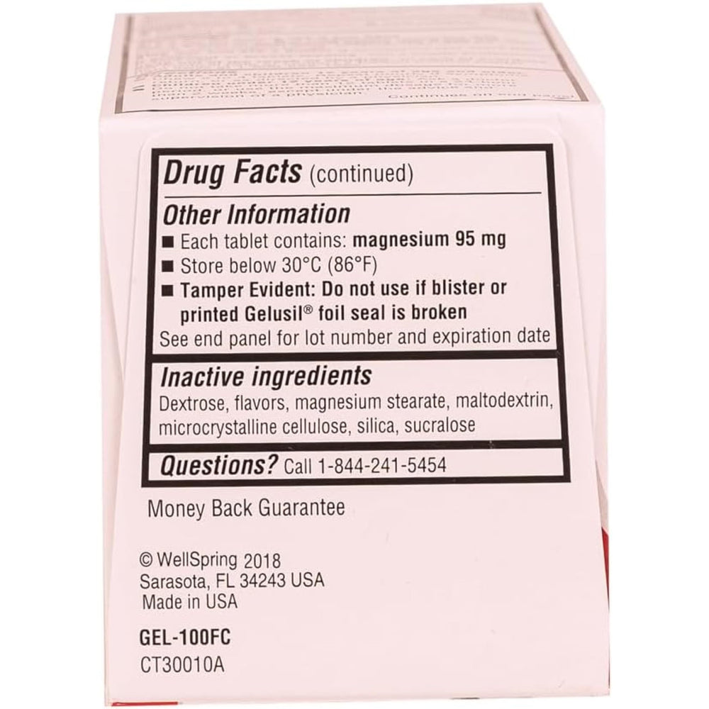 Gelusil mint tablets being dispensed from packaging for quick relief.