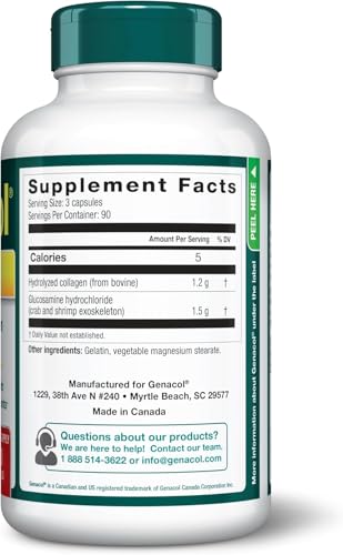 Ingredient panel showing 1500 mg glucosamine HCL and 1200 mg hydrolyzed collagen