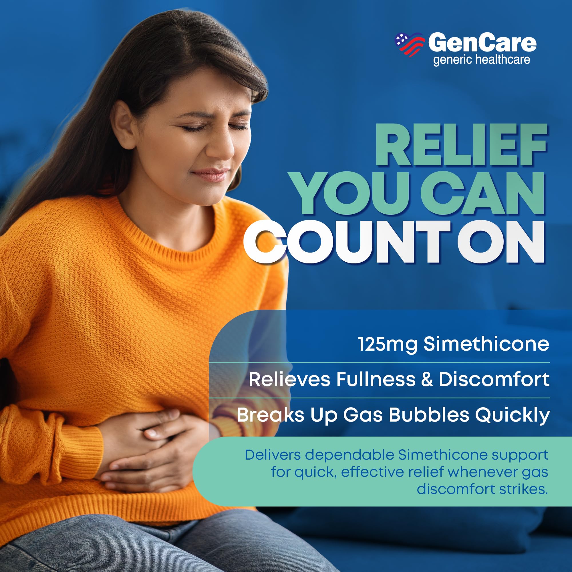 GenCare 180-count bulk packaging highlights savings for ongoing gas relief.
