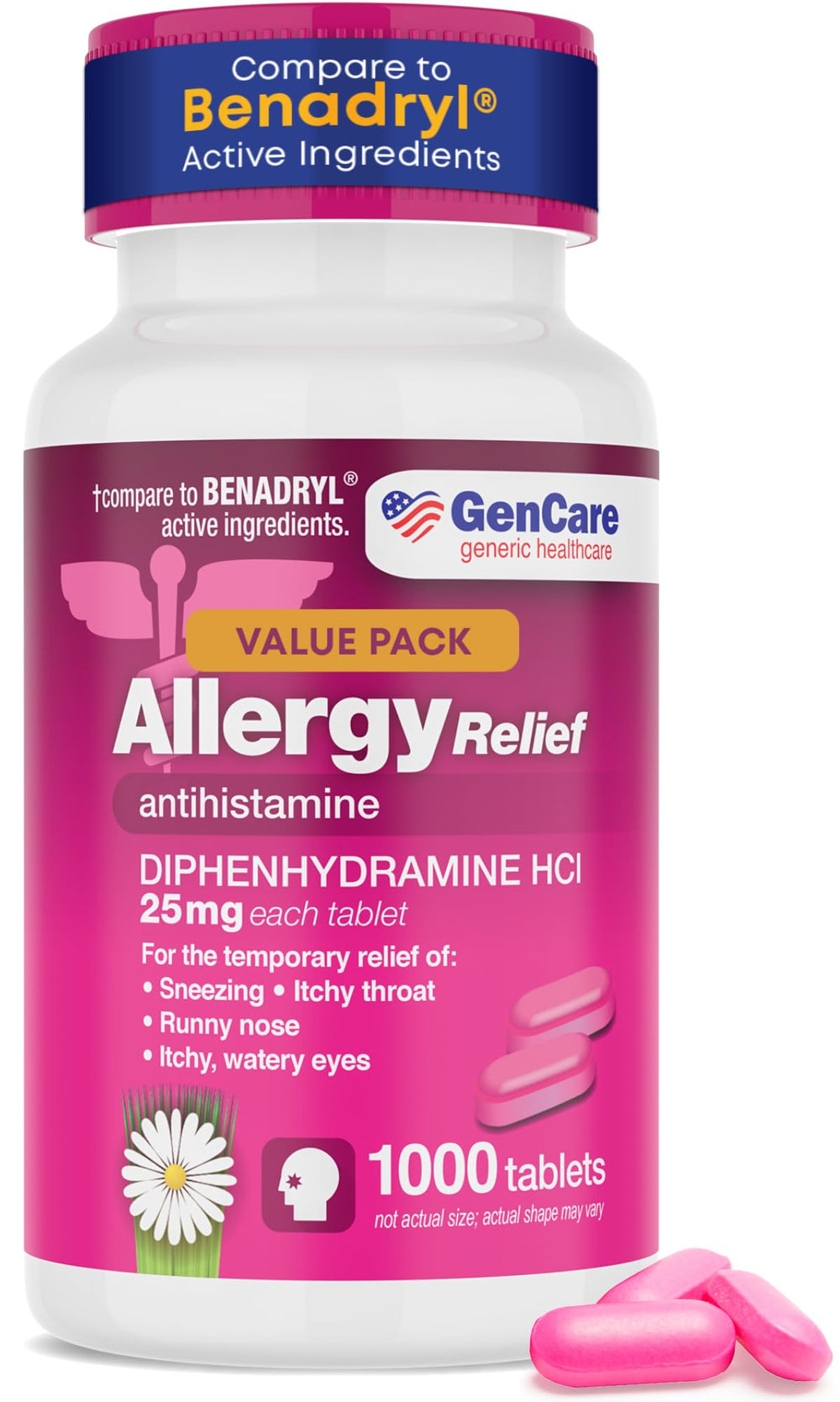 GenCare Allergy Relief 1000-count bottle front shows bulk value for allergy relief.
