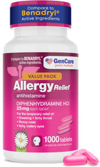 GenCare Allergy Relief 1000-count bottle front shows bulk value for allergy relief.