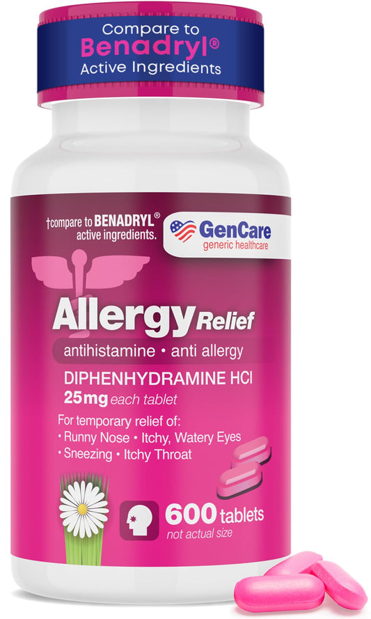 GenCare allergy-relief 600-count bottle for bulk seasonal allergy relief and convenience.