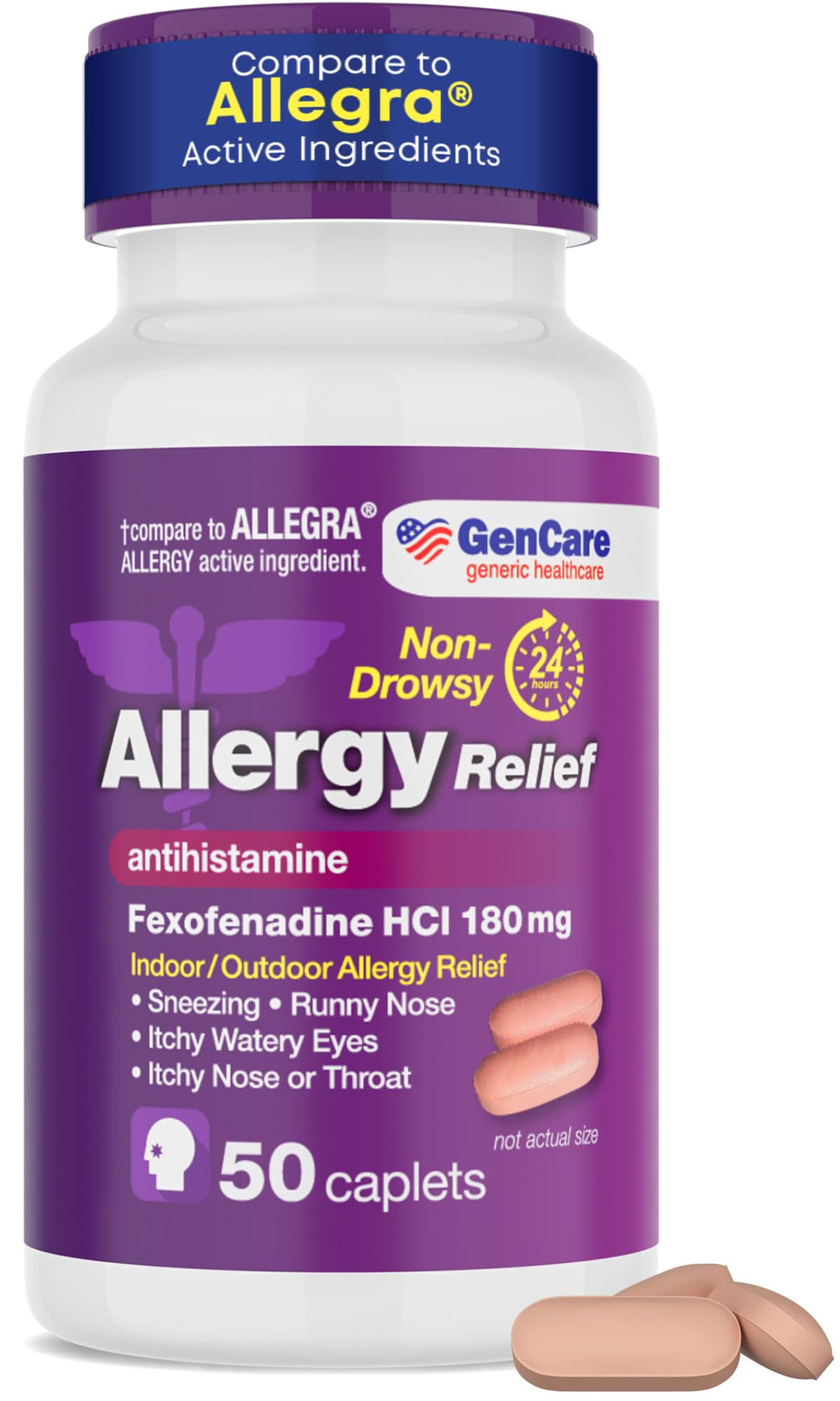 GenCare Allergy Relief bottle front shows 180 mg non-drowsy daily allergy support