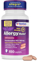GenCare allergy relief bottle front showing 180 mg tablets for 24-hour non-drowsy relief.