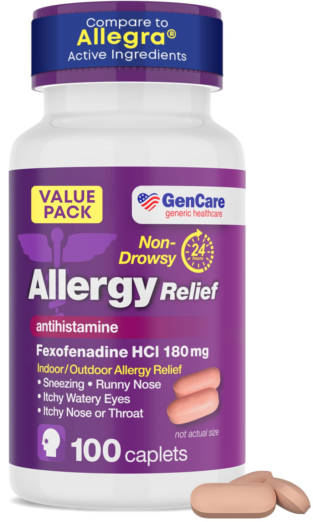 GenCare Allergy Relief Pills bottle shows 180 mg dosage for 24-hour non-drowsy relief.