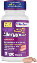 GenCare Allergy Relief Pills bottle shows 180 mg dosage for 24-hour non-drowsy relief.