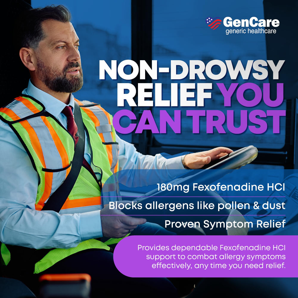 GenCare label on pills emphasizes fexofenadine 180 mg for allergy symptom control.
