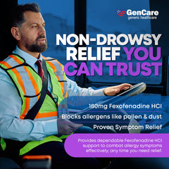 GenCare label on pills emphasizes fexofenadine 180 mg for allergy symptom control.