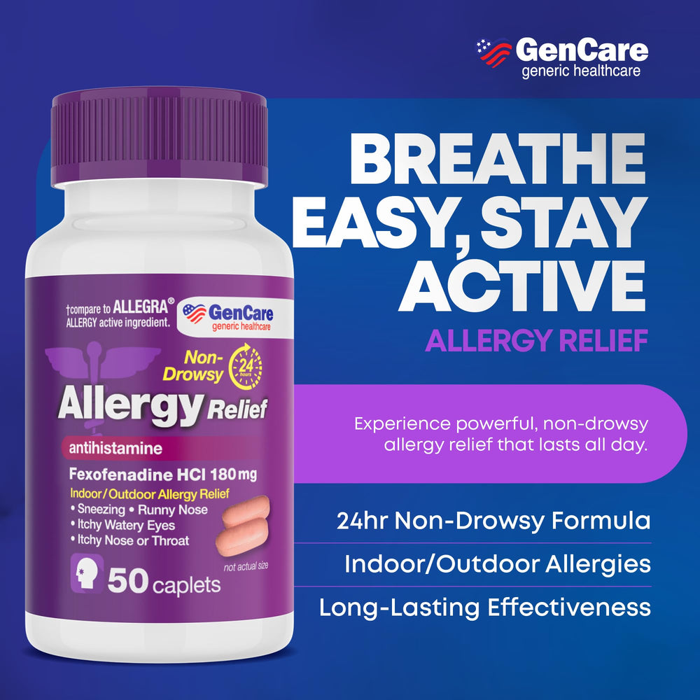 GenCare Allergy Relief tablets close-up highlighting pill texture and potency