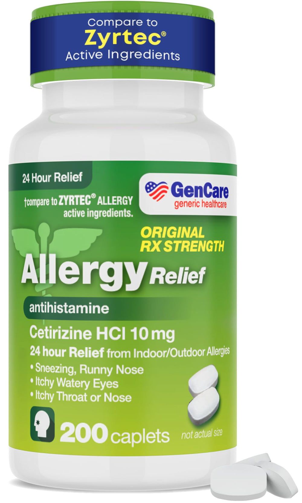 GenCare Cetirizine HCL 10 mg bottle front for 24-hour non-drowsy allergy relief.