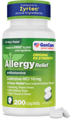 GenCare Cetirizine HCL 10 mg bottle front for 24-hour non-drowsy allergy relief.