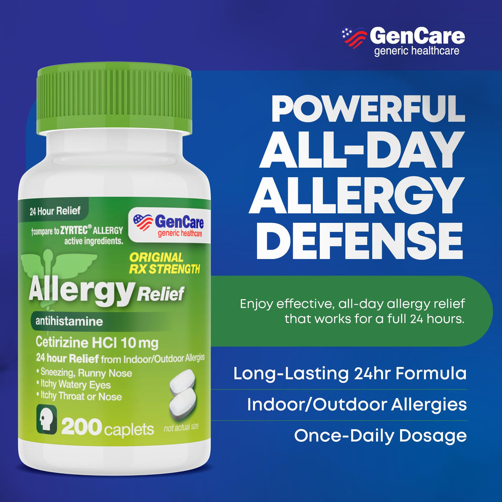 GenCare Cetirizine HCL 10 mg caplets closeup highlighting bulk 200-count bottle.