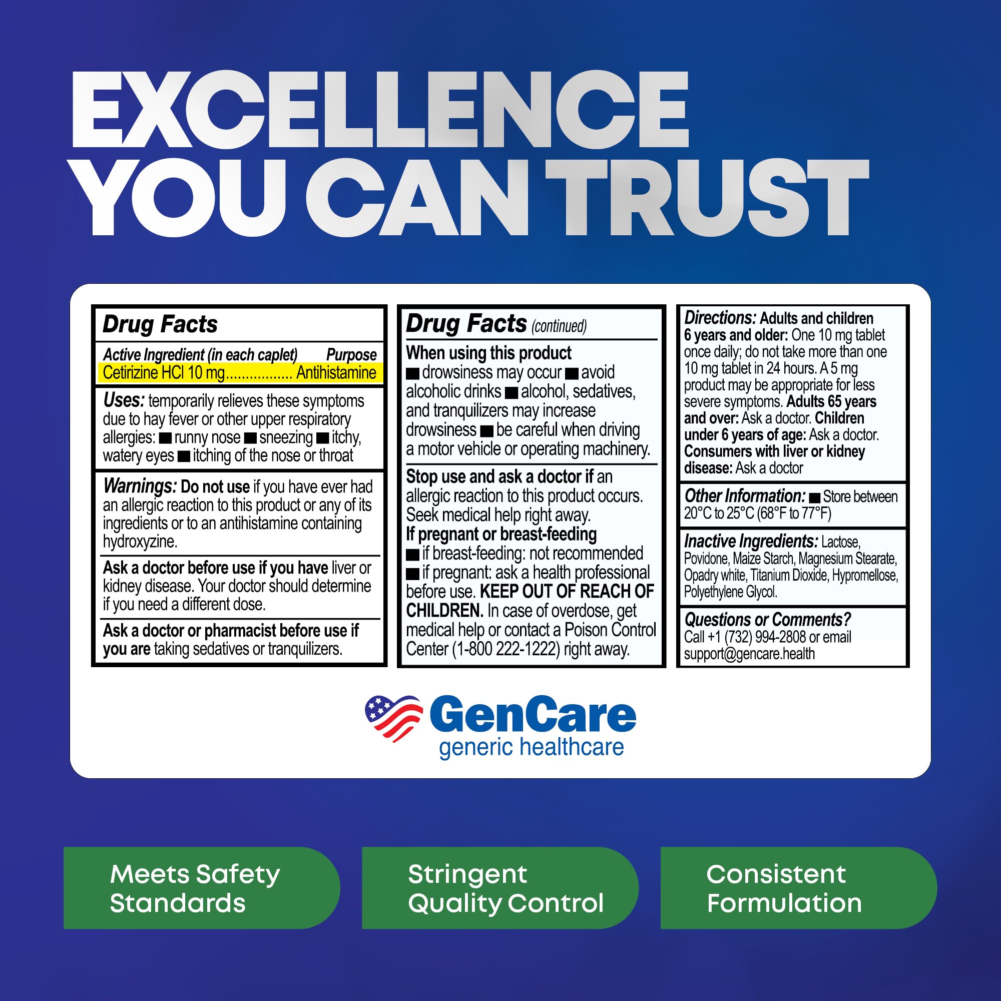 GenCare Cetirizine HCL 10 mg hives relief preview hints itching relief potential.