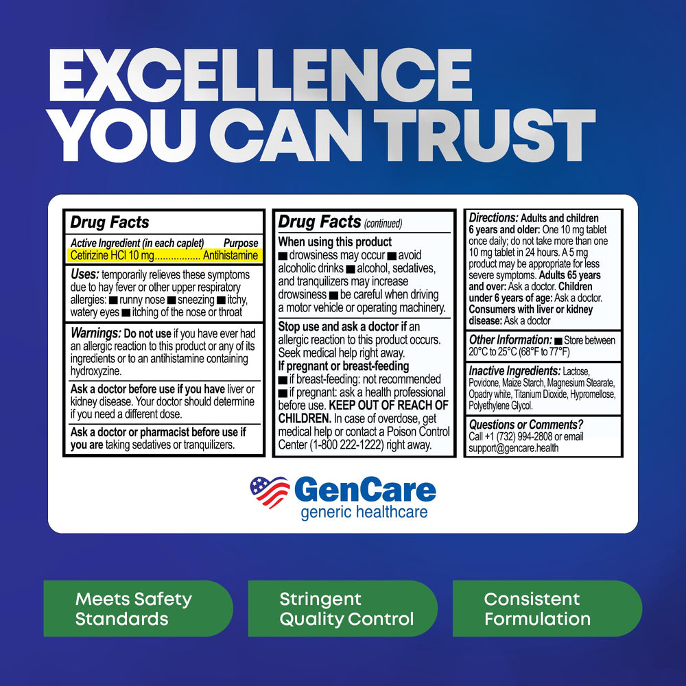 GenCare Cetirizine HCL 10 mg hives relief preview hints itching relief potential.