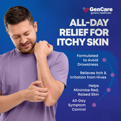 Packaging compares GenCare Hives Relief to Allegra Hives for value.