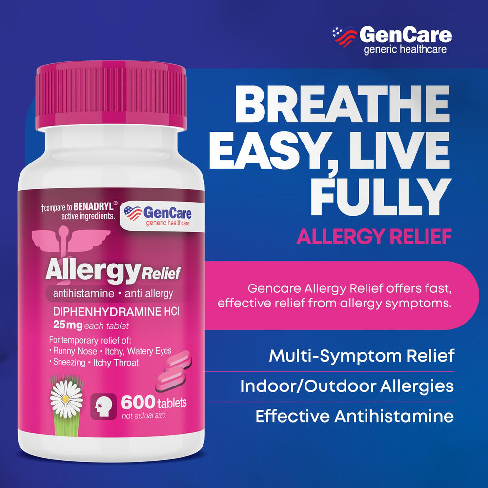 GenCare diphenhydramine-25mg pink tablets close-up highlighting reliable symptom relief.
