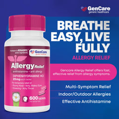 GenCare diphenhydramine-25mg pink tablets close-up highlighting reliable symptom relief.