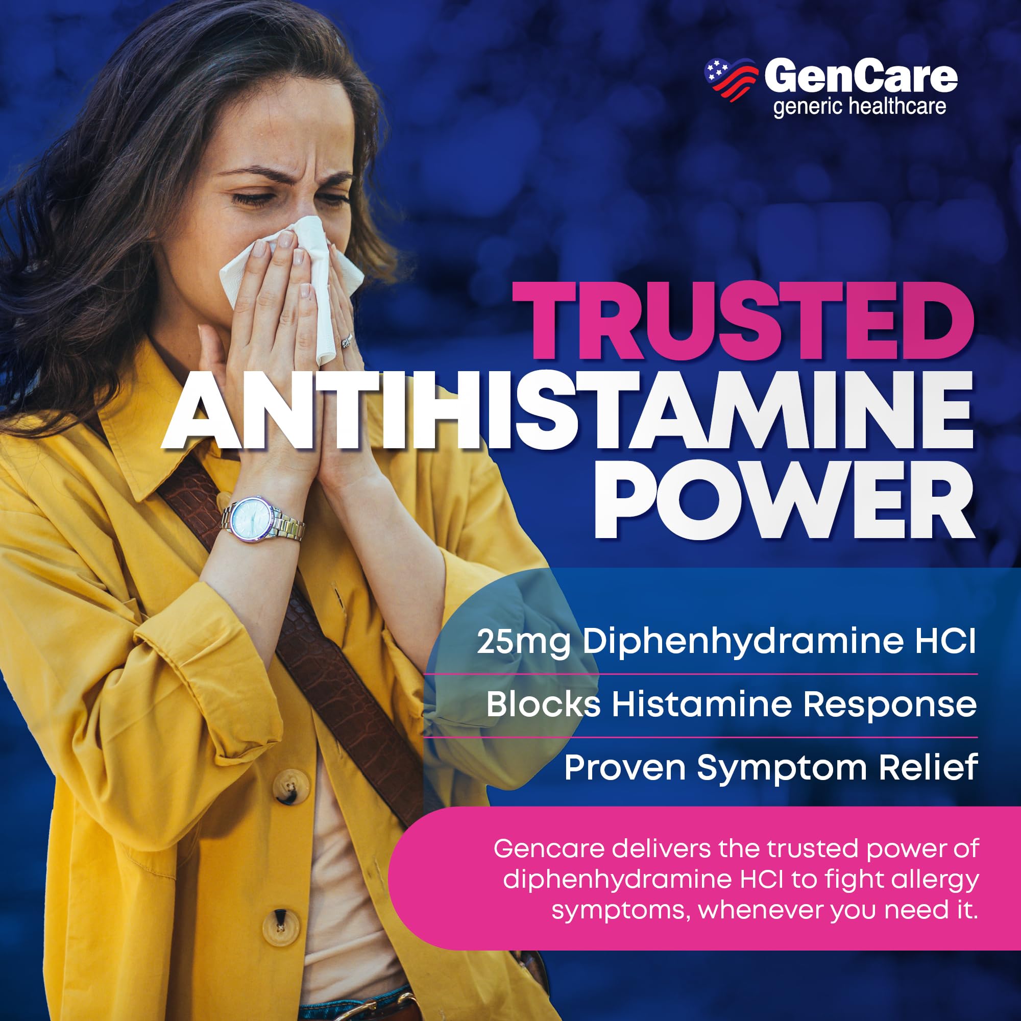 GenCare Diphenhydramine 25mg tablets closeup shows adult-dose option for congestion relief.