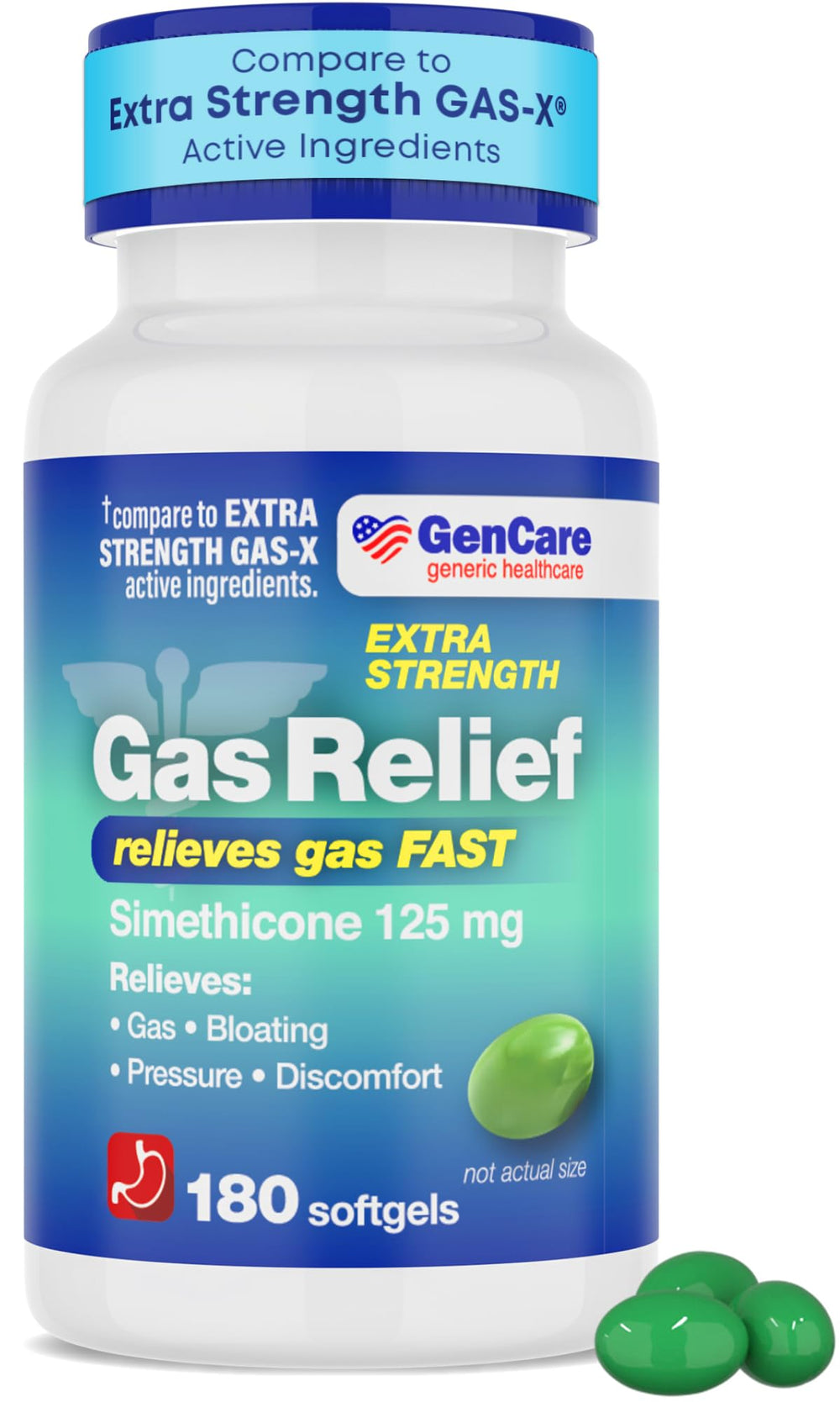 GenCare Extra Strength Gas Relief bottle-front shows 180-count value for family relief.
